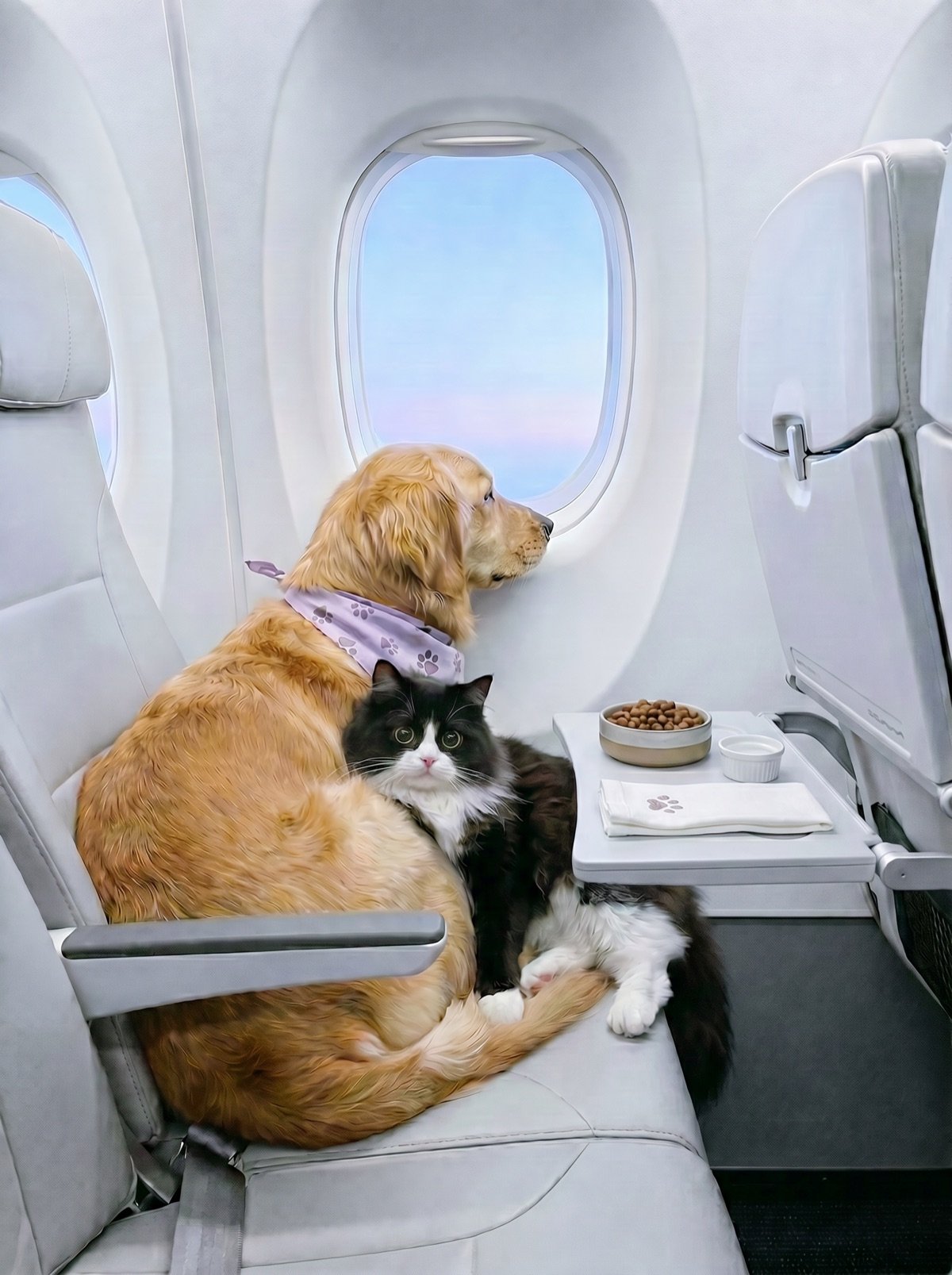 Ilustración de un perro y un gato junto a la ventanilla de un avión