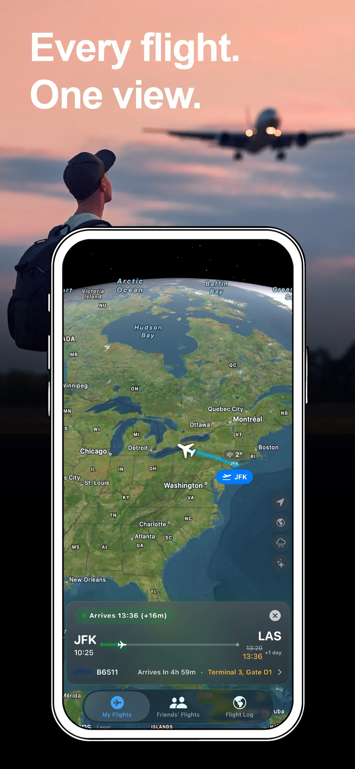 True Skies app showing an interactive 3D globe with flight arcs